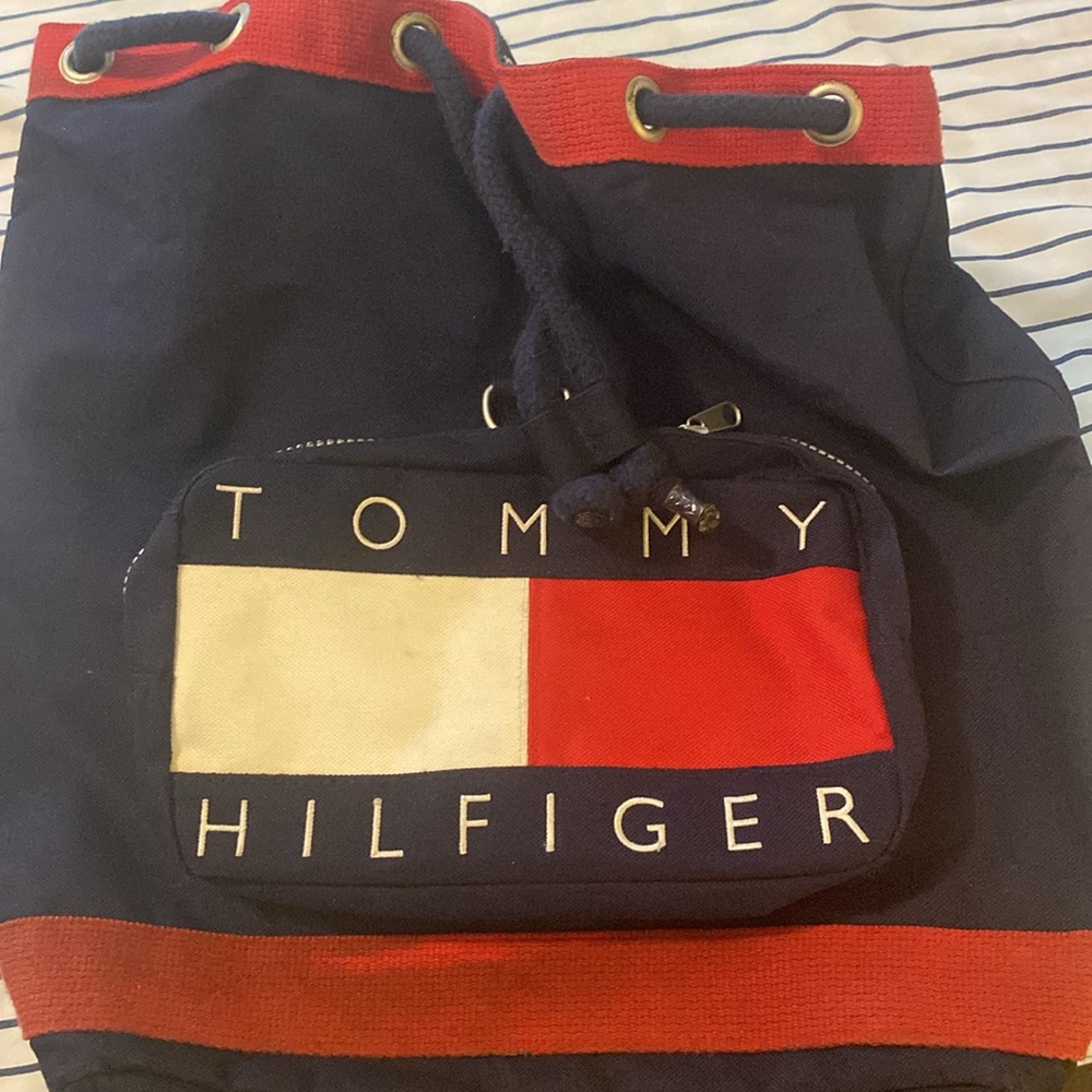 Vtg 90s Tommy Hilfiger Flag Logo Cinch Backpack, Canvas Tote, School Bag